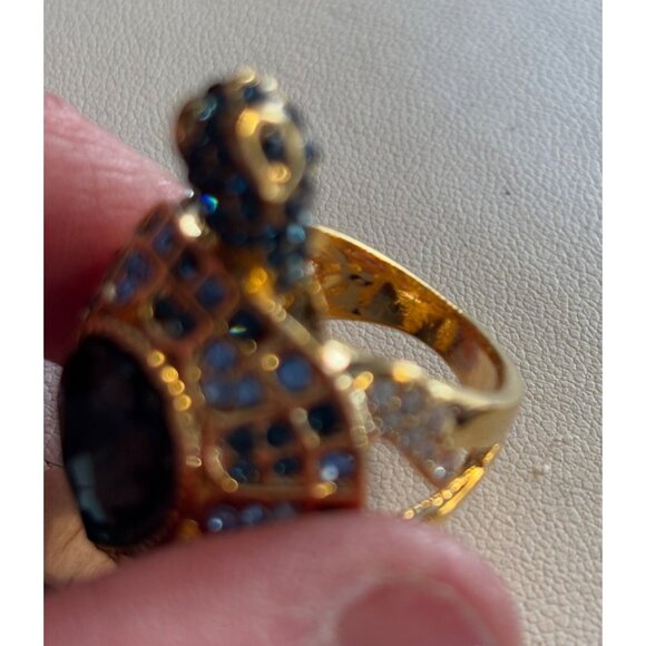 Gold Turtle Ring With Blue & Clear Crystals Adjustable Size 7 Fashion Jewelry Ac - Picture 3 of 16